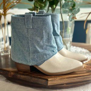 NWT White and Denim Fold Over Pull-On Western Ankle Boots